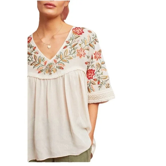 Ranna Gill Anthropologie Floral Embroidered V-Neck Blouse Bohemian Cream Large - Picture 3 of 10